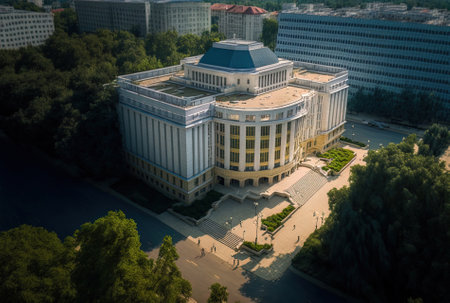 Drone aerial image of the Chisinau Moldova Academy of Science office building in the capitalの素材