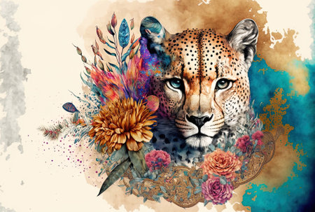 Digital print with watercolor flowers and ethnic design. flowery design with animal printの素材