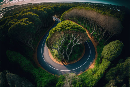 High angle view of a winding road in Esposende that is encircled by several lovely treesの素材