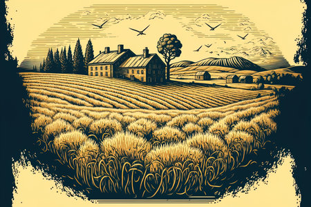 In a graphical style a field of wheat in the countryside. illustration that was created by handの素材