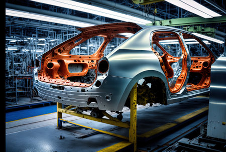 Car bodywork are being assembled on a sophisticated automotive assembly line car conveyorの素材