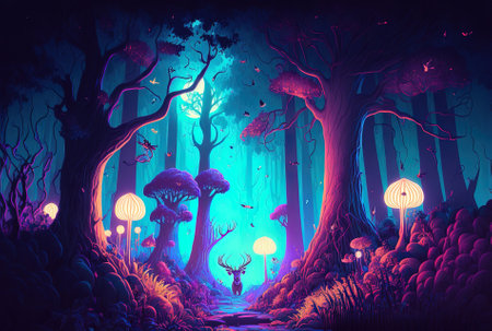 Fantasy illustration of a brilliant colorful neon lit woodland that resembles a fairytaleの素材