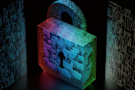 Secure safety and web protection concept with a colorful holographic grid of blue locksの素材
