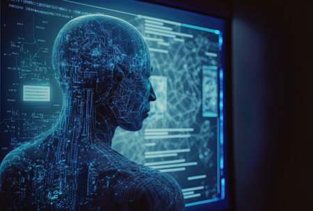 Concept of current information technology and artificial intelligence (AI) on a virtual screenの素材