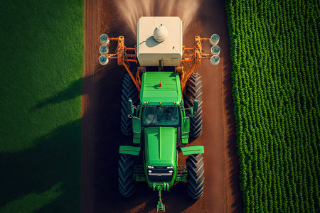 Tractor spray fertilizer on green field drone high angle view agriculture background conceptの素材