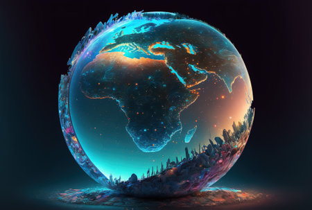 design illustrated pictures of a holographic earth demonstrating global internet connectivityの素材