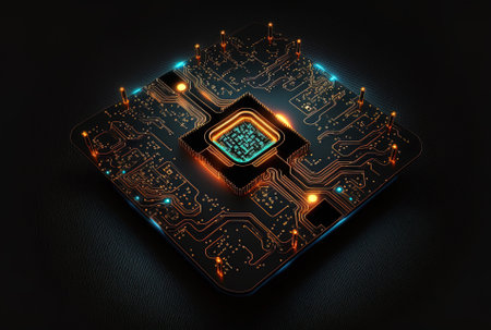 Concept of the metaverse with an abstract bright broad chip circuit hologram on a black backgroundの素材