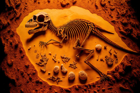 excavation of fossilized dinosaur bones and ancient lizard skeleton preserved in orange sandの素材