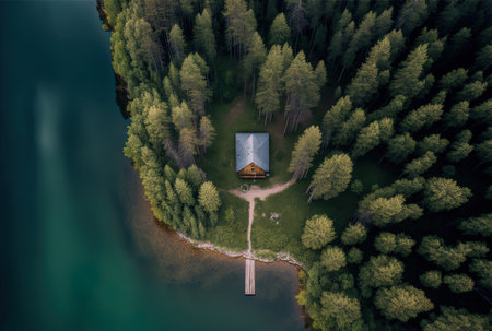 aerial view of a wooden cabin in a pine forest beside a lake in rural Finland during the summerの素材