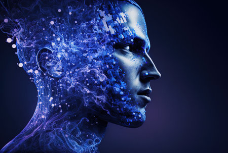 Facebook social media marketing using abstract futuristic holograms of a cyborg visageの素材