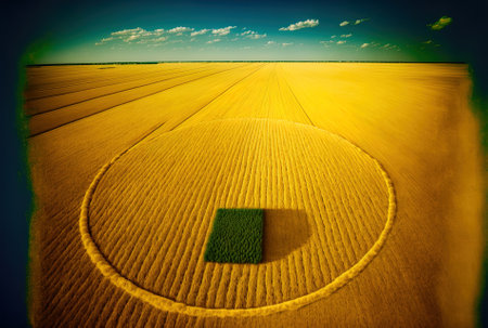 View from above of a golden agricultural field with mature wheat on a sunny summer dayの素材