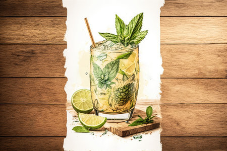 Mojito with pineapple lime and mint served in a glass over a wooden backdropの素材