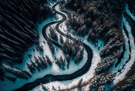 aerial view of a winding road crossing a rushing river in a forest blanketed with snowの素材