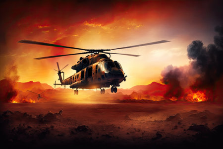 A helicopter flies over a blazing horizon at sunset. Means of waging conflict. Helicopter background fire in a military setting. Generative AIの素材