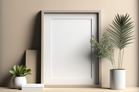 Blank frame on beige wallの素材