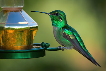 A stunning green hummingbird perches on a feeder. Generative AIの素材