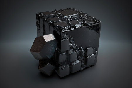 Black cube stone, a mineral found in coal mine deposits. Generative AIの素材
