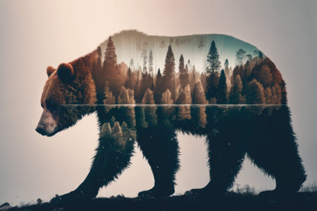 A bear and a forest in a double exposure. Generative AIの素材