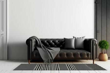 Black leather couch in white living room with wooden floorsの素材