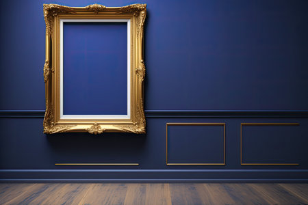 Antique art fair gallery frame on a royal blue museum or auction house wall. Blank prototype design template with white copyspaceの素材