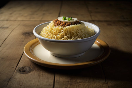 A white dish of instant noodles topped with ground pork sits on a wooden table. Generative AIの素材