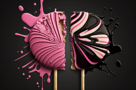 Black and pink background with lollipops. comparison of a complete lollipop and one that has been broken in half. difference as an idea. both beforehand and thereafter. perspective from on high. Generative AIの素材