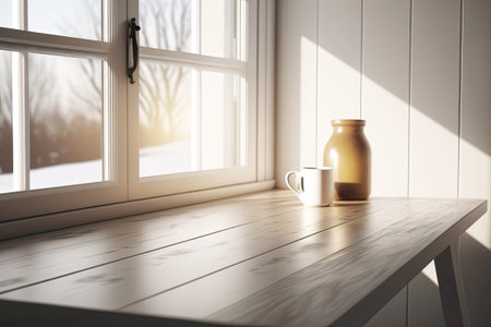 Bright morning light, wooden table, hazy window background. a prototypeの素材