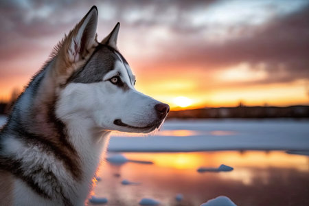 At sunset in the winter, a stunning Siberian Husky dog. Wintertime with a Siberian Husky. Generative AIの素材