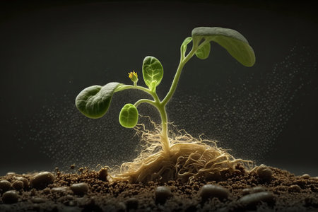A soy seedling is a newly germinated plant. Farming of soy. Generative AIの素材