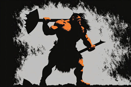 An orc brandishing an ax. Silhouettes from a fantastical world. Animated GIF of a barbarian type beast. Generative AIの素材