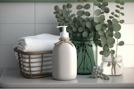 Shampoo, cream, and a vase with eucalyptus. Bathroom. Words. Face towel basketの素材