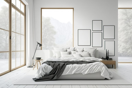 Large bed, two empty posters, large window, carpet, cushions, and oak timber parquet floor are all features of the well-lit bedroom dの素材