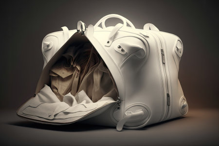 An unpacked luggage was opened. Bag, white, large enough to hold all of your travel essentials. Generative AIの素材