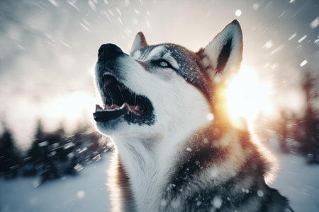 An enraged siberian husky dog in the snow. Exposure to two different light sources (double exposure). Generative AIの素材