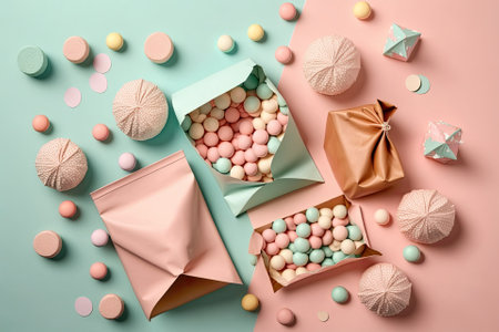 Candy and paper bags, seen from above, on a pastel pink background. Generative AIの素材