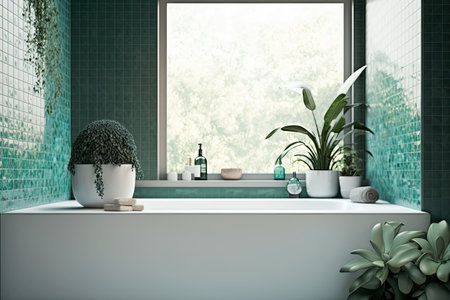 Close-up of a modern white ceramic bathtub with a shiny stainless steel faucet in a bathroom with teal green granite wall tiles, attractive plants, and a window blind. Copy and backdropの素材