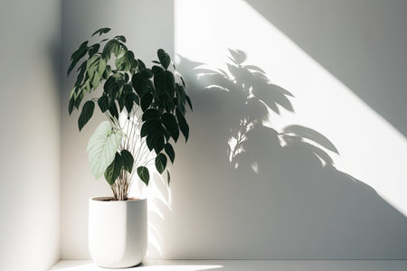 Lovely indoor plant in a pot next to the wall, with the suns rays casting a lovely shadow on the blank, white wall. Mockup, backdrop, green, houseplants, Asian, and tropical settingsの素材