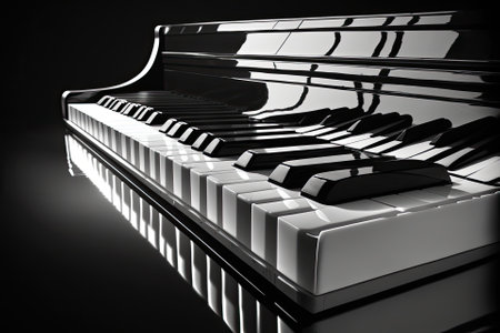 All in stark black and white. Photograph of a piano keyboard seen from the side. Piano with a reflective black finish. Generative AIの素材