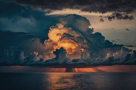 Clouds at sunset over the ocean. Horizon of the ocean at dusk. Generative AIの素材