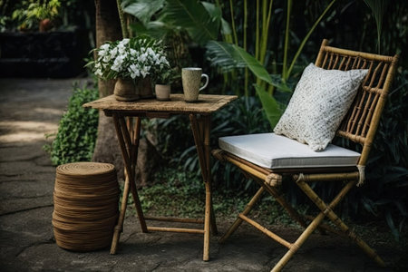 The yard has a bamboo chair, table, and comfortable seatの素材