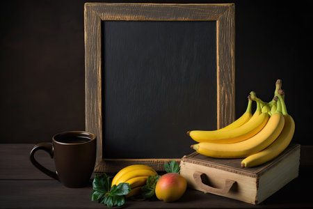 Blackboard with messages and images of bananas, tangerines, mangos, steaming coffee cups, and teak wood tablesの素材