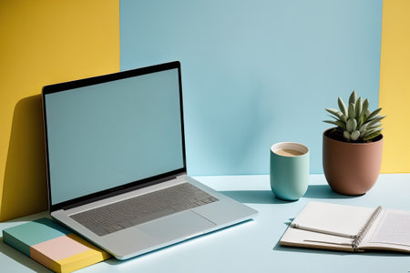 a cozy office with a modern laptop on a table next to a colorful wallの素材