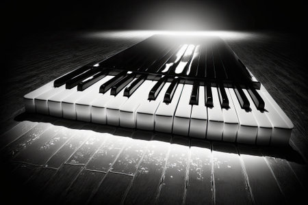Empty, gleaming, black and white piano keyboard. Generative AIの素材