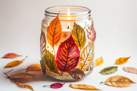 Candles and dry leaves in an autumnal color arrangement on a white backdrop. beautiful glass candles in various colors. Wax used in aroma candles is coloredの素材