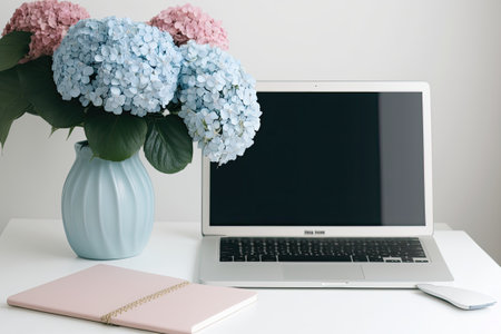 Pink and blue hydrangea flower bouquets on a white background, together with a laptop with a blank screen. workstation space at home that isnt that largeの素材