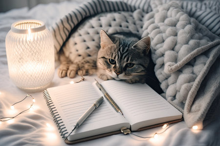 Christmas gifts, holiday planning, shopping, or to-do list idea. Lights, a notepad that is empty, a pen, and a cat that is dozing off on a plaid-covered white bed. selective attention. Lay flat. Tonedの素材