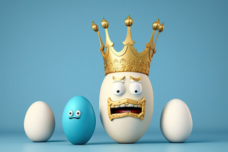 Identity as a concept of uniqueness, superiority, achievement, and competition. Golden egg with a cartoonishly painted face and a crown stands out against the white eggs and blue background. Generative AIの素材