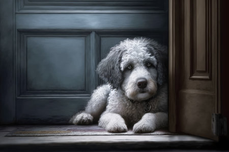 At the front door, a husky dog lay coiled and motionless. This dog is of the popular Poodle kind. Pets. Close up. Generative AIの素材