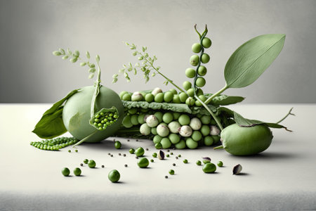 Green peas, newly picked, on a white table. Generative AIの素材