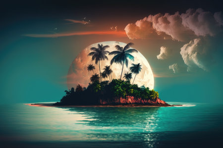 Here is a picture of a beautiful tropical island. A beach in the Dominican Republic. An idyllic tropical sunset. A genuine turquoise sea. Ideal for use as background images, screensavers, cards, calen. Generative AIの素材